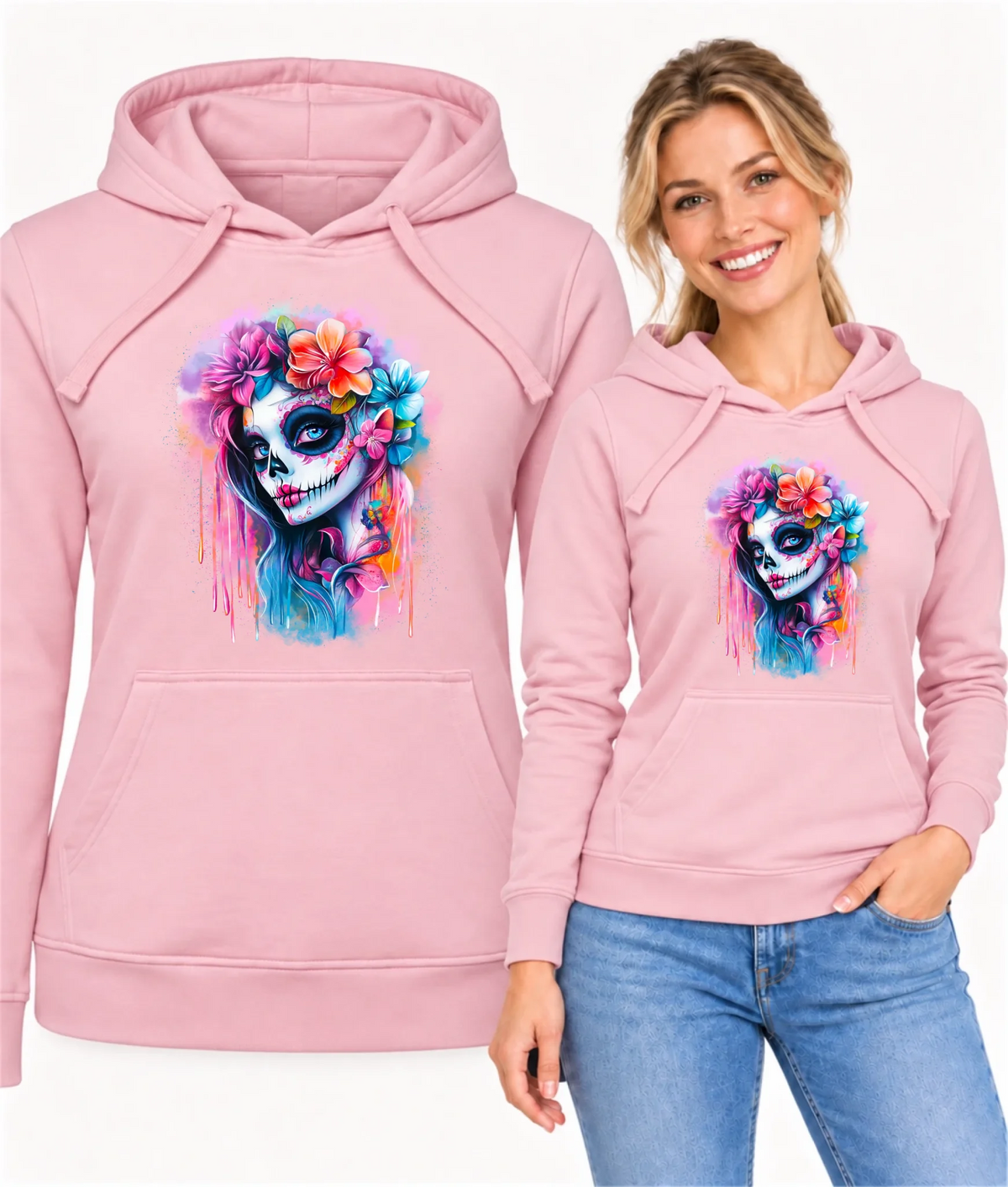 Bluza damska z kapturem Halloween - kolorowa czaszka z kwiatami La Muerte HL05