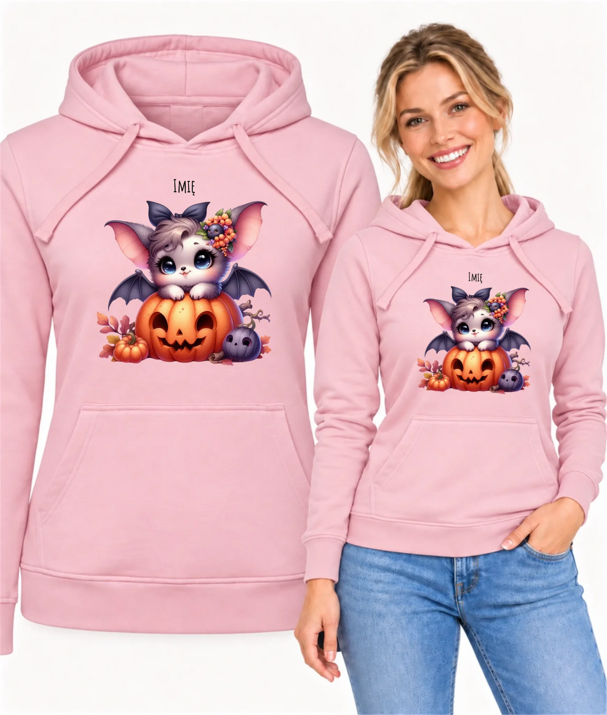 Bluza damska z kapturem halloweenowa - Uroczy nietoperz z dynią - personalizowana HL08