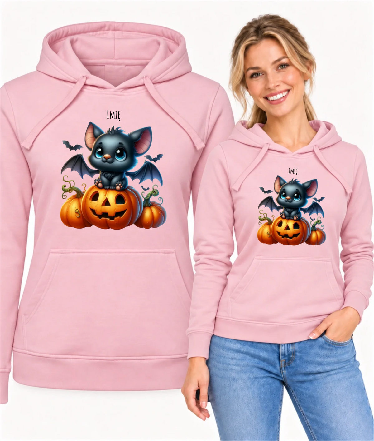 Bluza damska z kapturem halloweenowa - Słodki nietoperz z dynią - personalizowana HL09