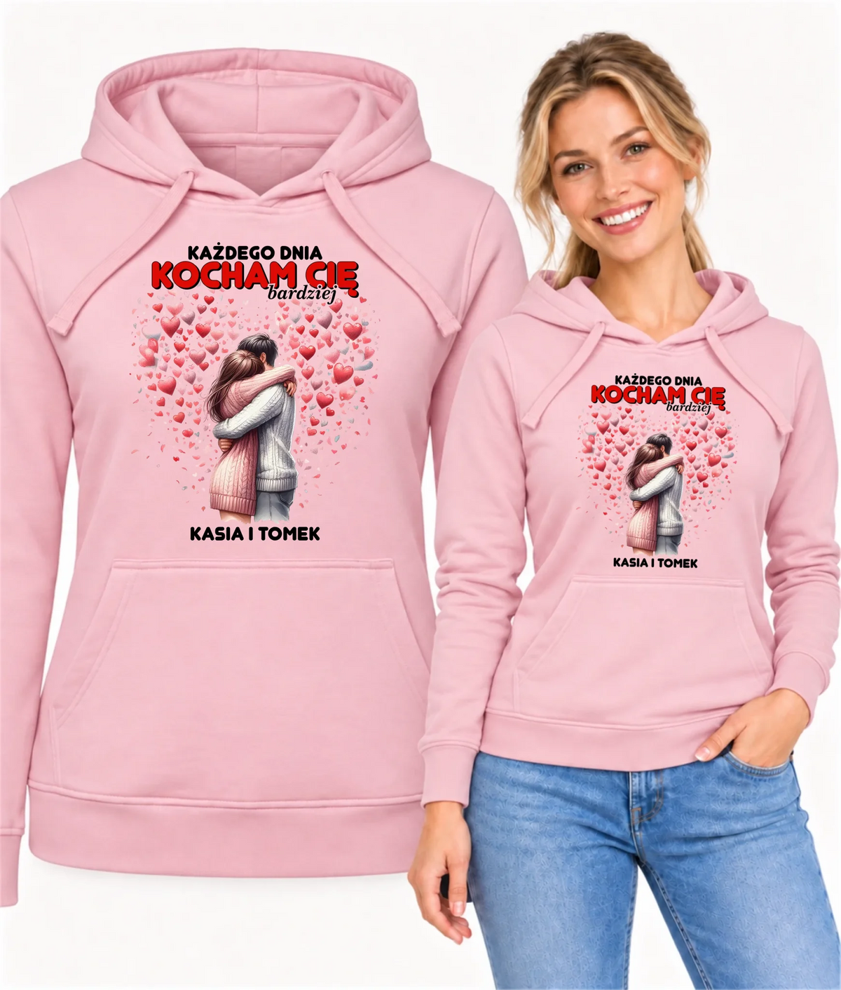 Bluza damska z kapturem dla par - Każdego dnia kocham Cię bardziej - personalizowana W09