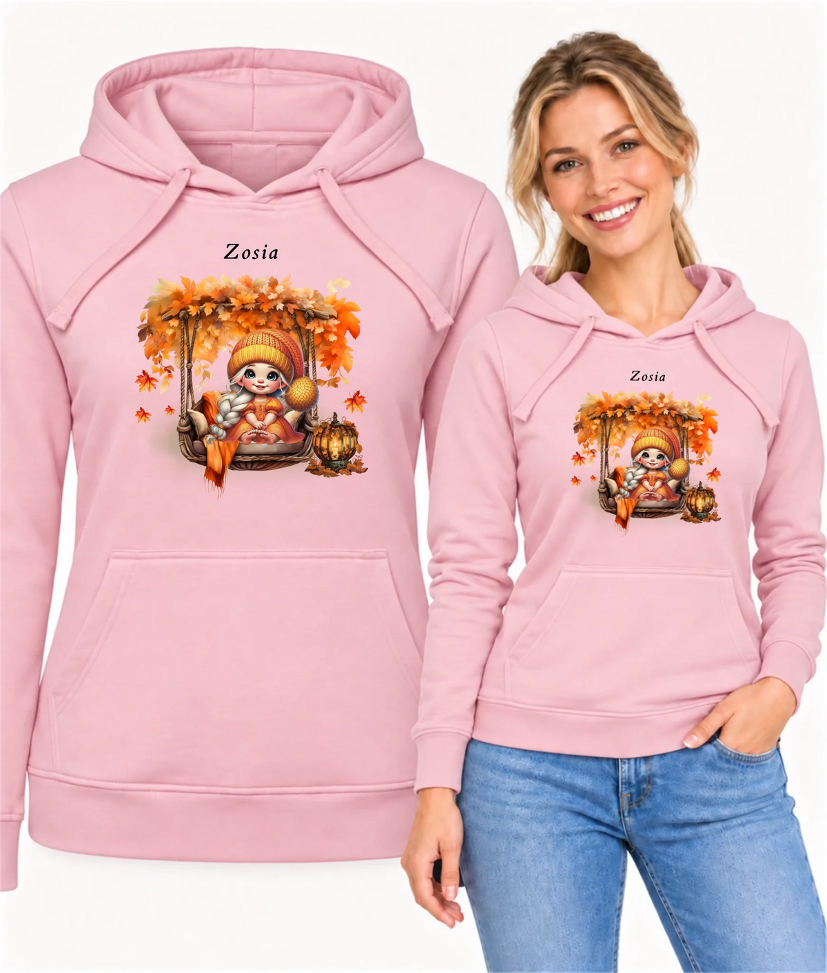 Bluza damska z kapturem jesieniara - Dziewczynka z liśćmi - personalizowana JS17