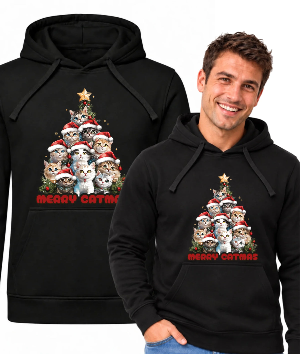 Bluza męska z kapturem świąteczna - Kocia choinka Merry Catmas BN20
