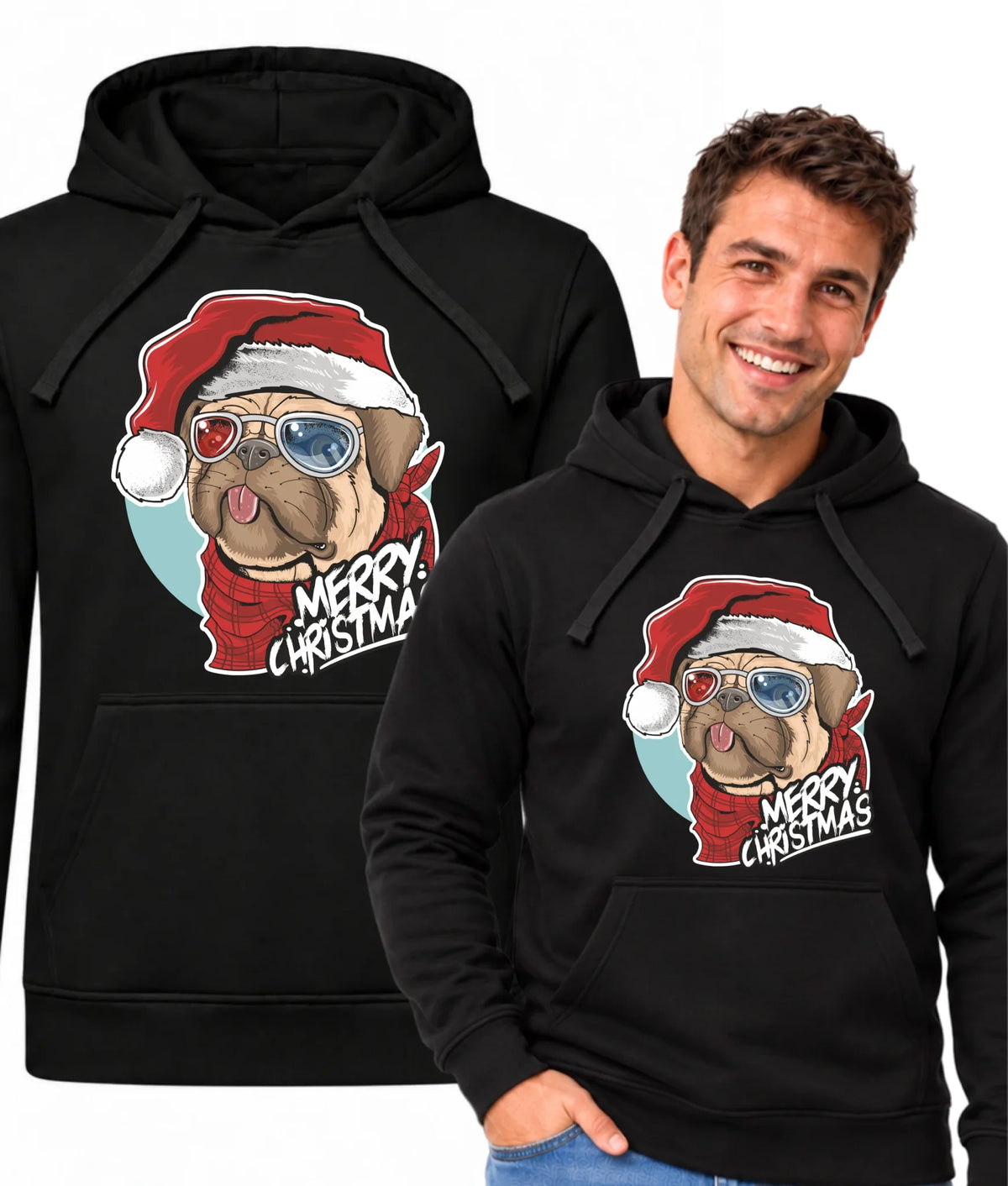 Bluza męska z kapturem świąteczna - Mops Merry Christmas BN62
