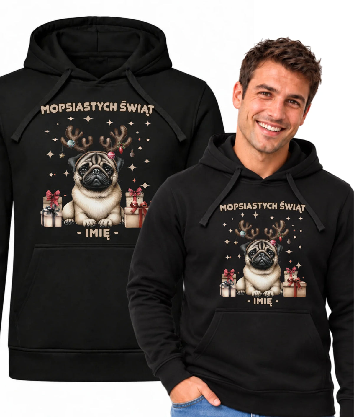 Bluza męska z kapturem świąteczna - Mops Mopsiastych świąt - personalizowana BN91