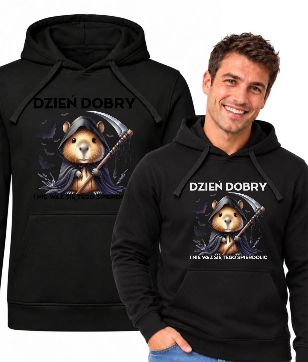 Bluza męska z kapturem na halloween - Kapibara Żniwiarz - Dzień dobry - bez cenzury HL20