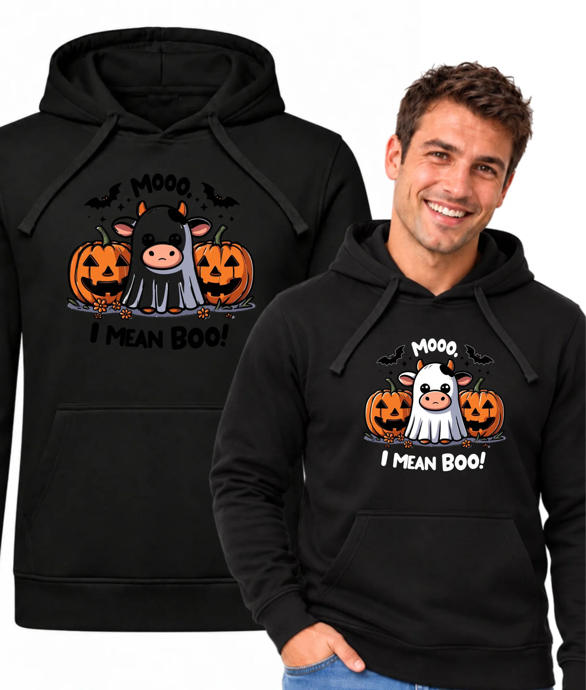 Bluza męska z kapturem na Halloween - Mooo I mean Boo! - z dynią i duchem HL14