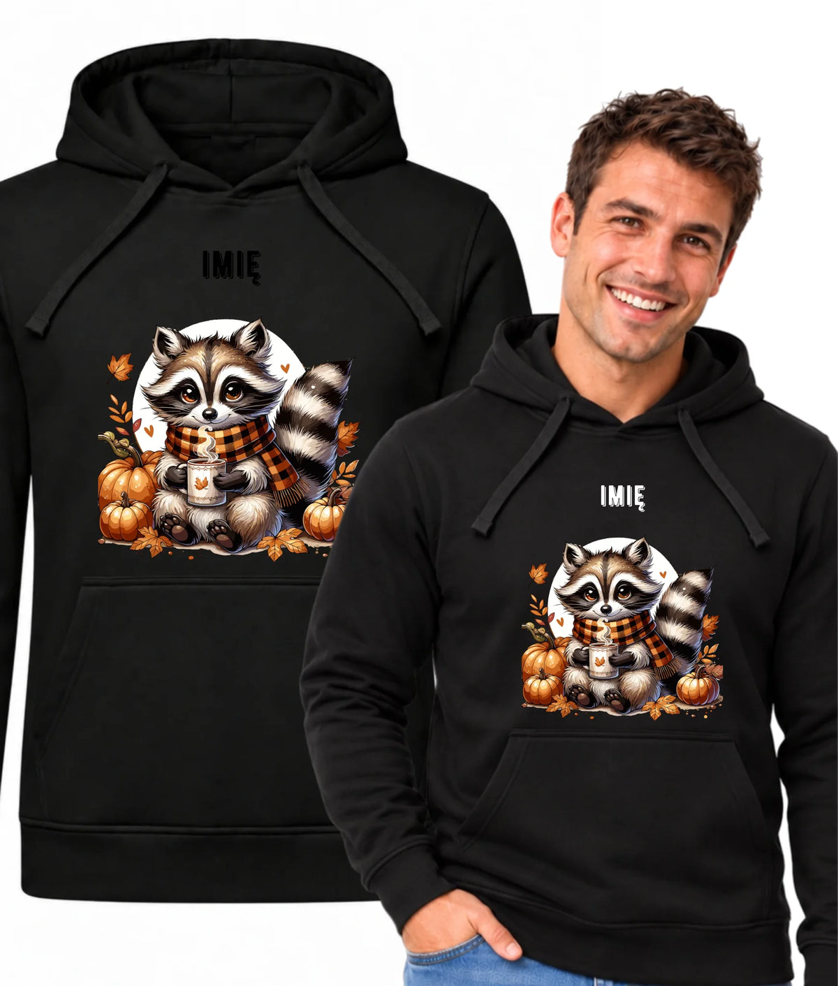 Bluza męska z kapturem jesienna – Szop z kawą i dyniami - personalizowana JS16