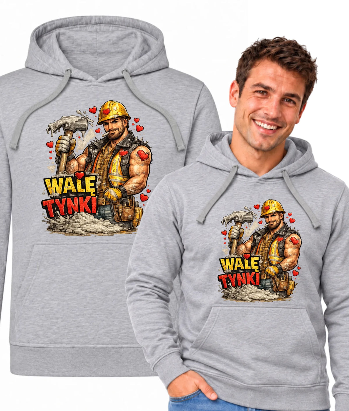Bluza męska z kapturem na Walentynki - Budowlaniec Walę tynki W64