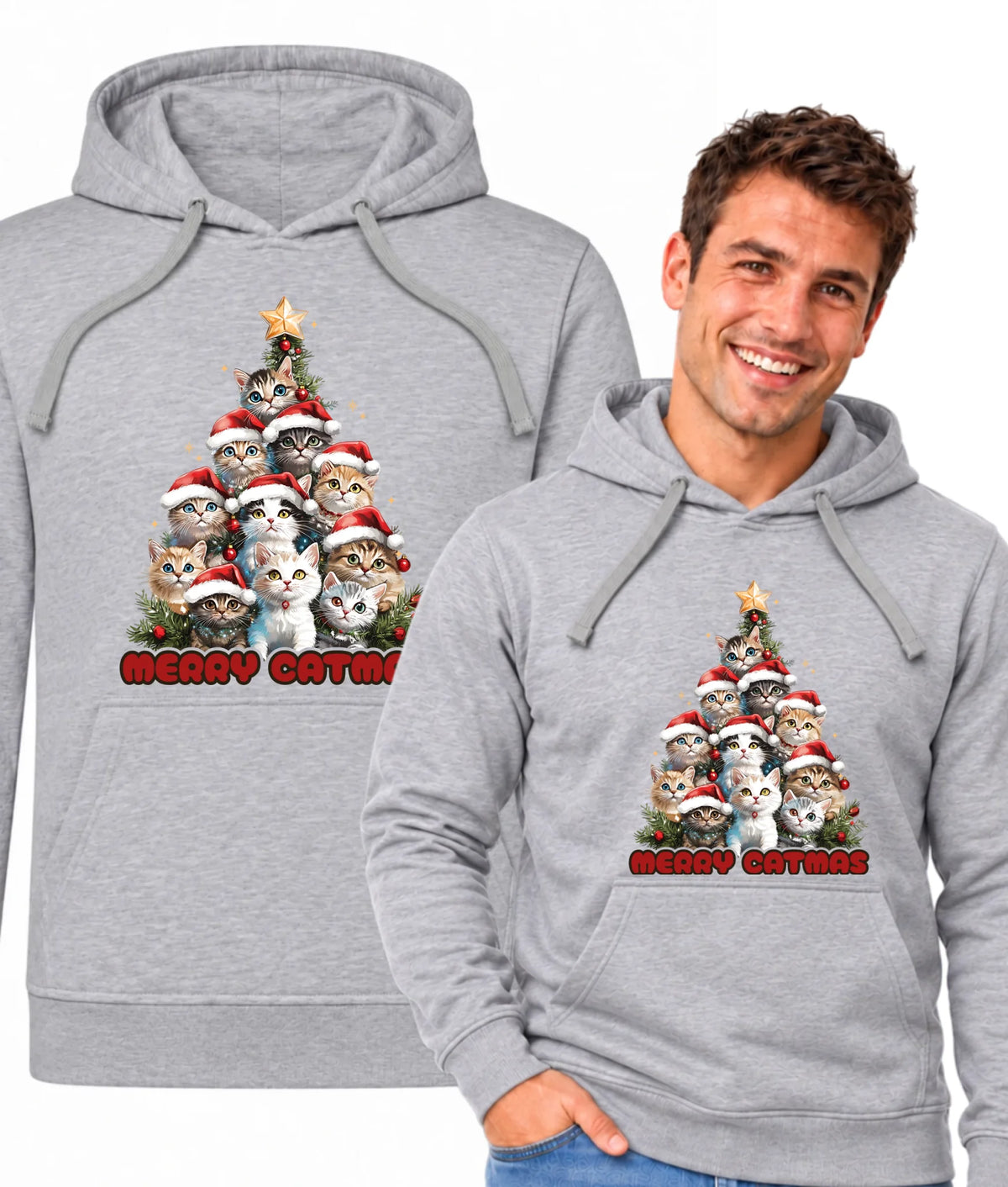 Bluza męska z kapturem świąteczna - Kocia choinka Merry Catmas BN20
