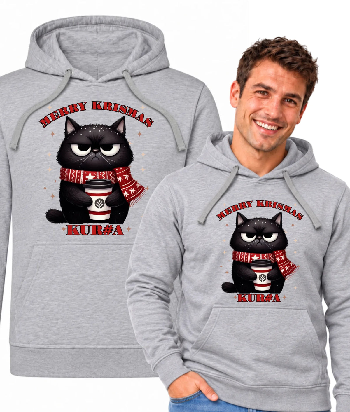 Bluza męska z kapturem świąteczna - Zburczany kot Merry Krismas kur#a - bez cenzury BN34
