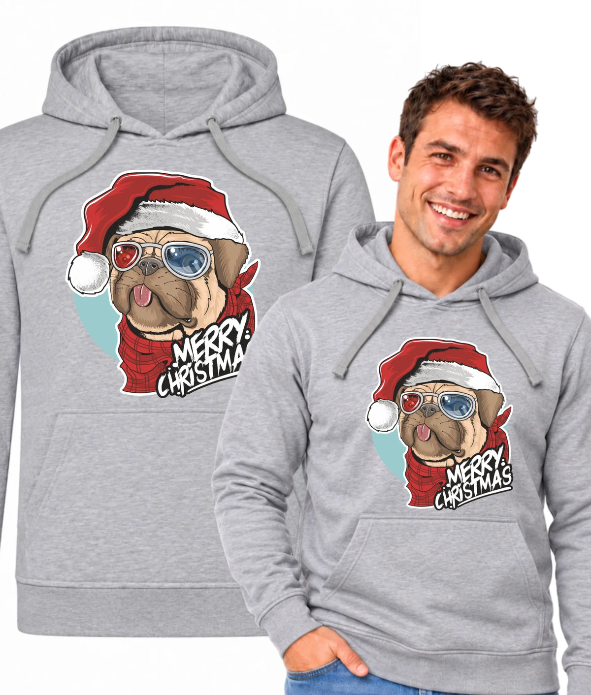 Bluza męska z kapturem świąteczna - Mops Merry Christmas BN62