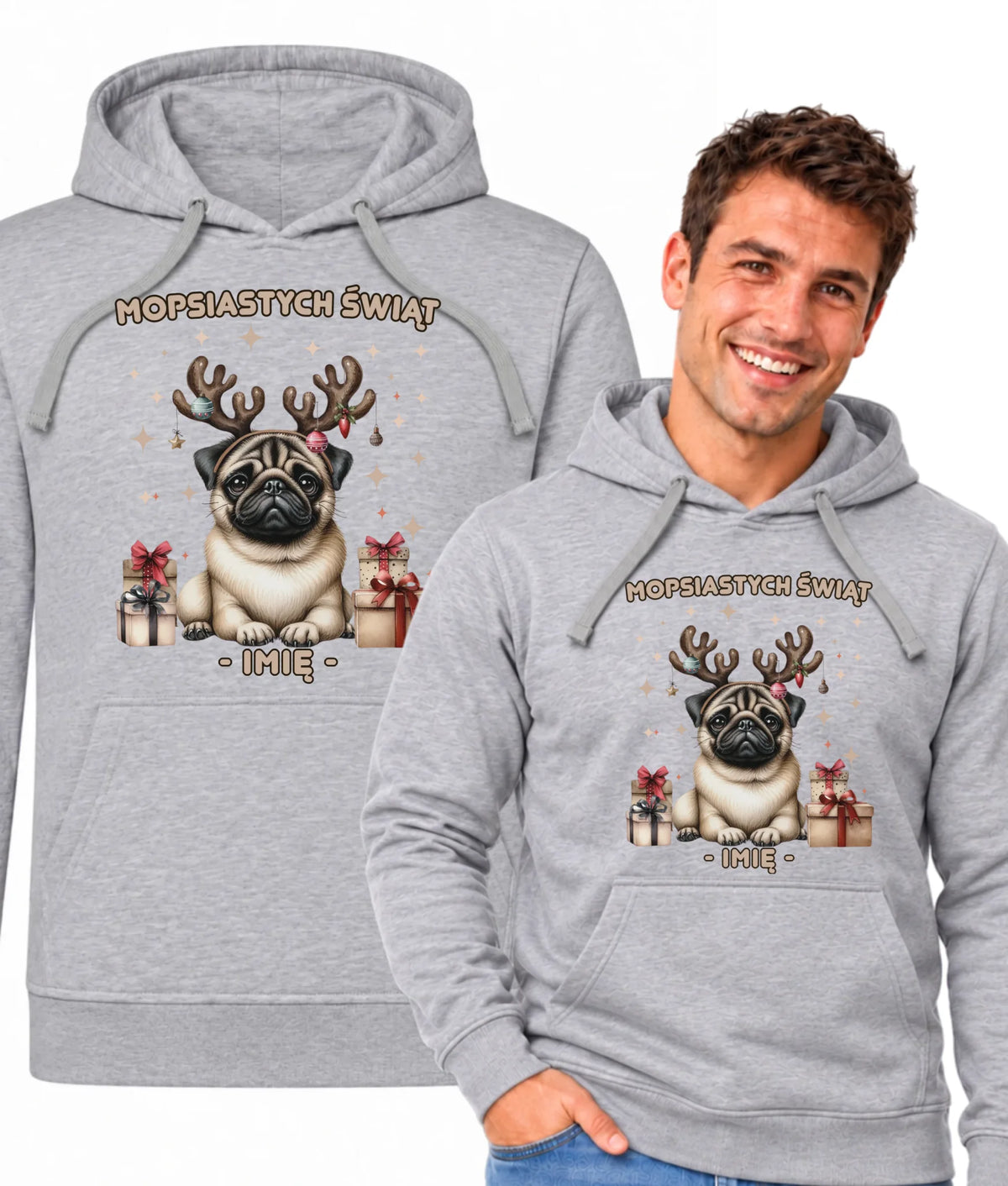 Bluza męska z kapturem świąteczna - Mops Mopsiastych świąt - personalizowana BN91