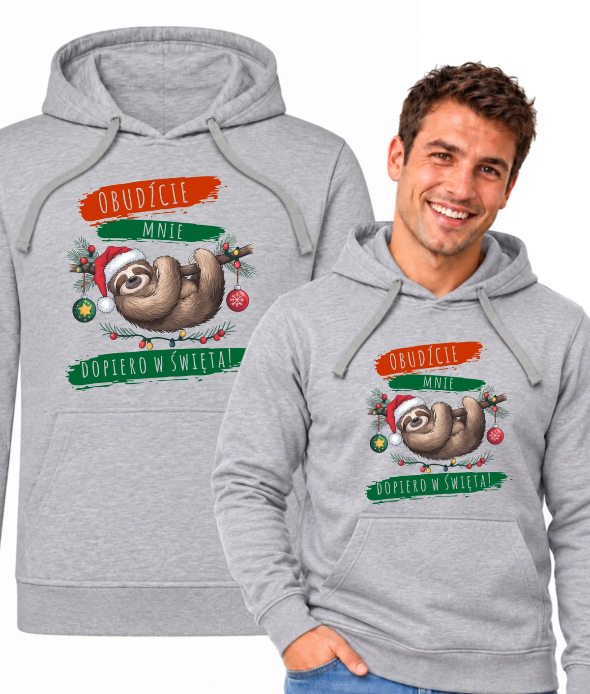 Bluza męska z kapturem świąteczna - Leniwiec - Obudźcie mnie dopiero w święta BN02