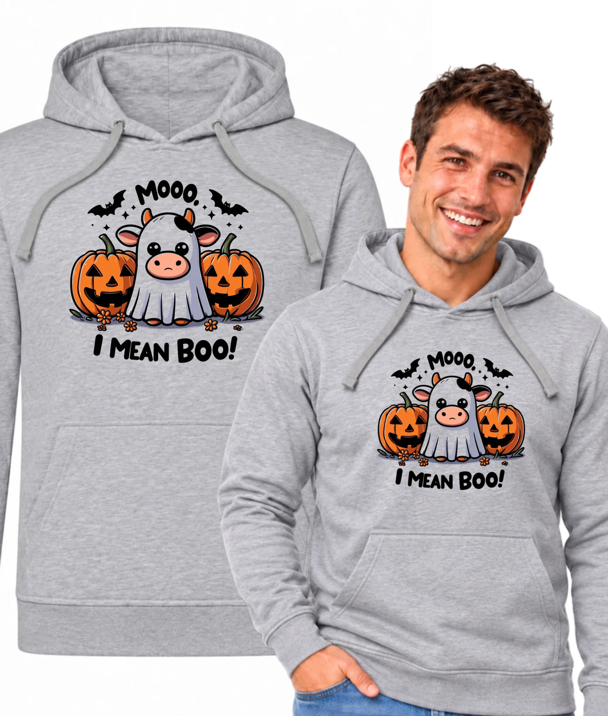 Bluza męska z kapturem na Halloween - Mooo I mean Boo! - z dynią i duchem HL14