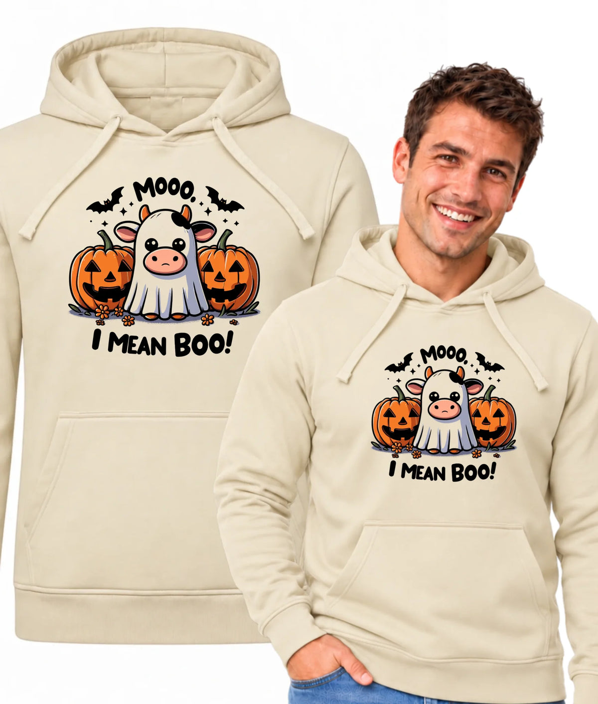 Bluza męska z kapturem na Halloween - Mooo I mean Boo! - z dynią i duchem HL14