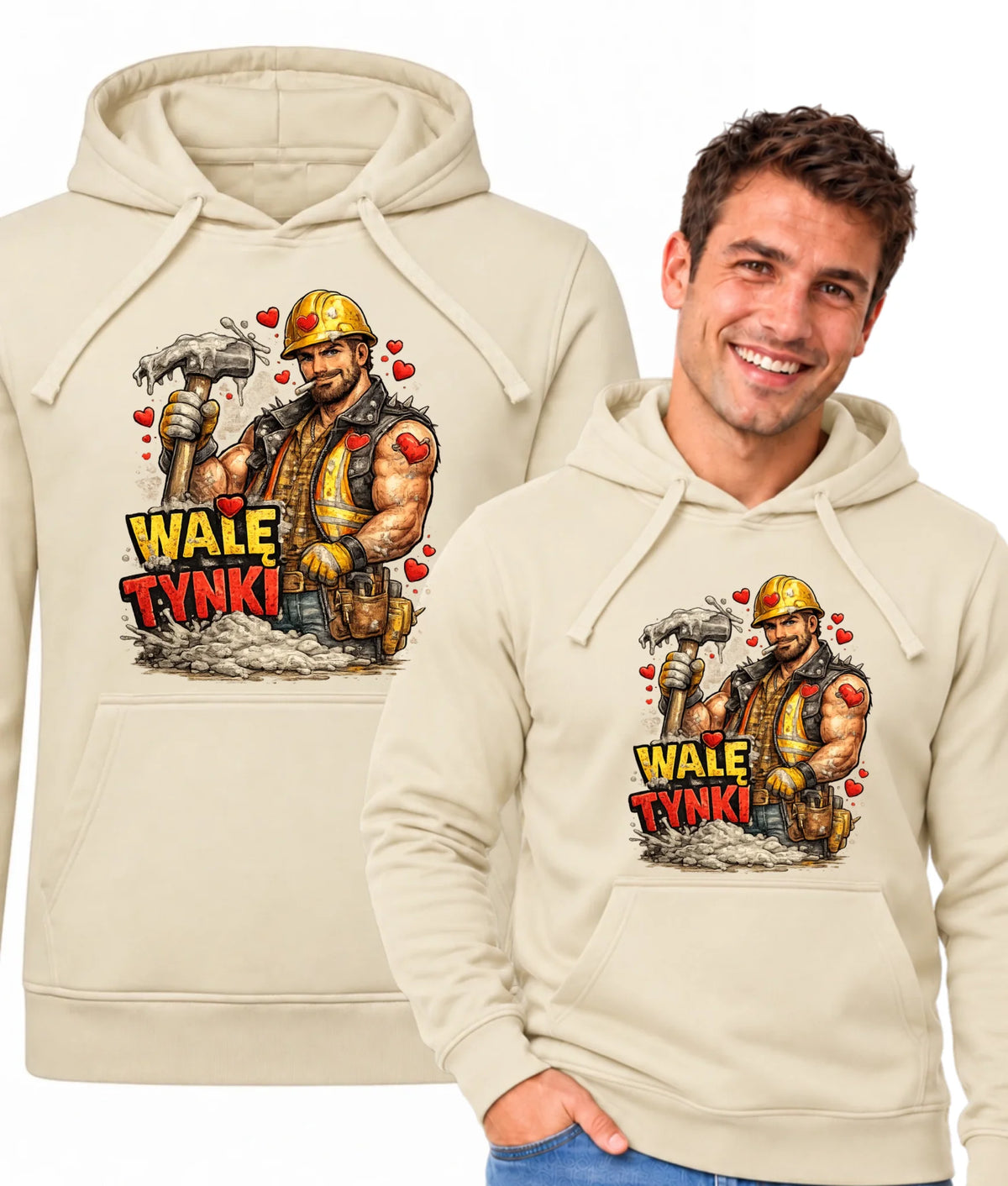 Bluza męska z kapturem na Walentynki - Budowlaniec Walę tynki W64