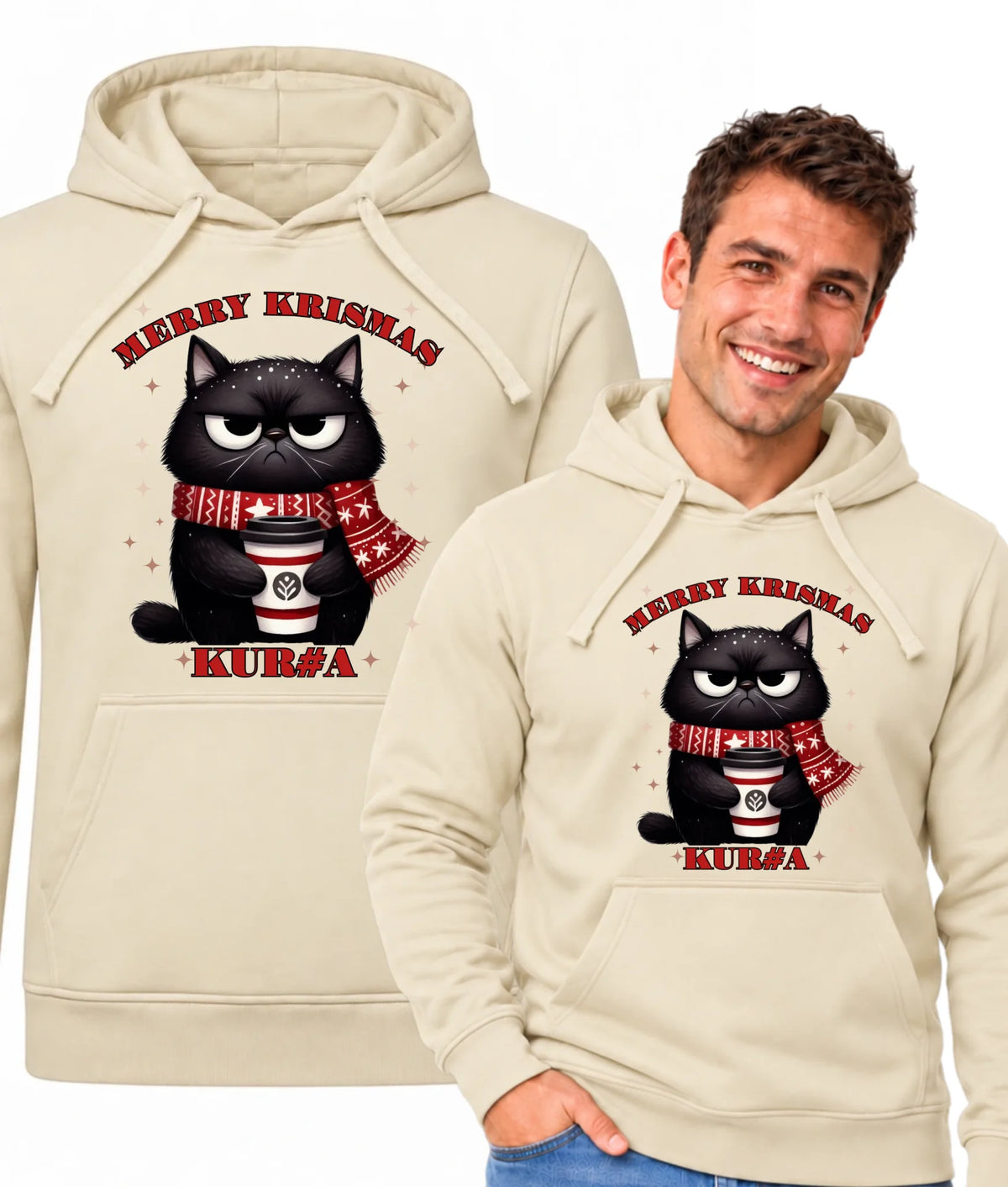 Bluza męska z kapturem świąteczna - Zburczany kot Merry Krismas kur#a - bez cenzury BN34