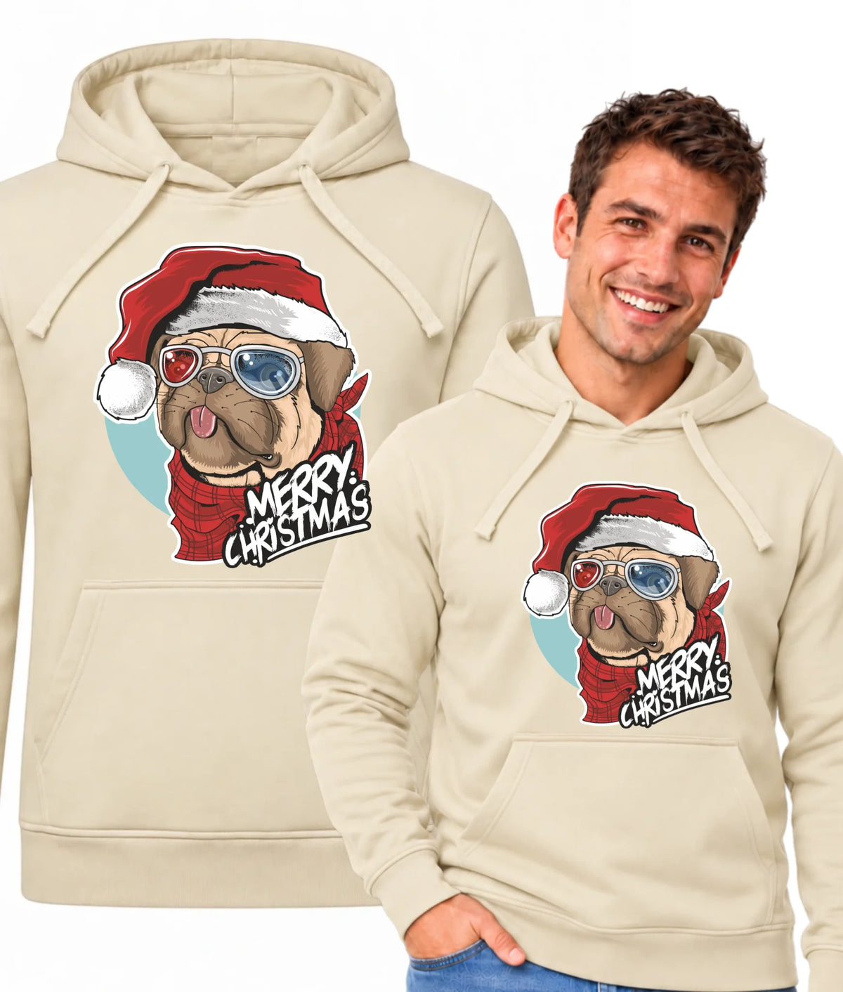 Bluza męska z kapturem świąteczna - Mops Merry Christmas BN62