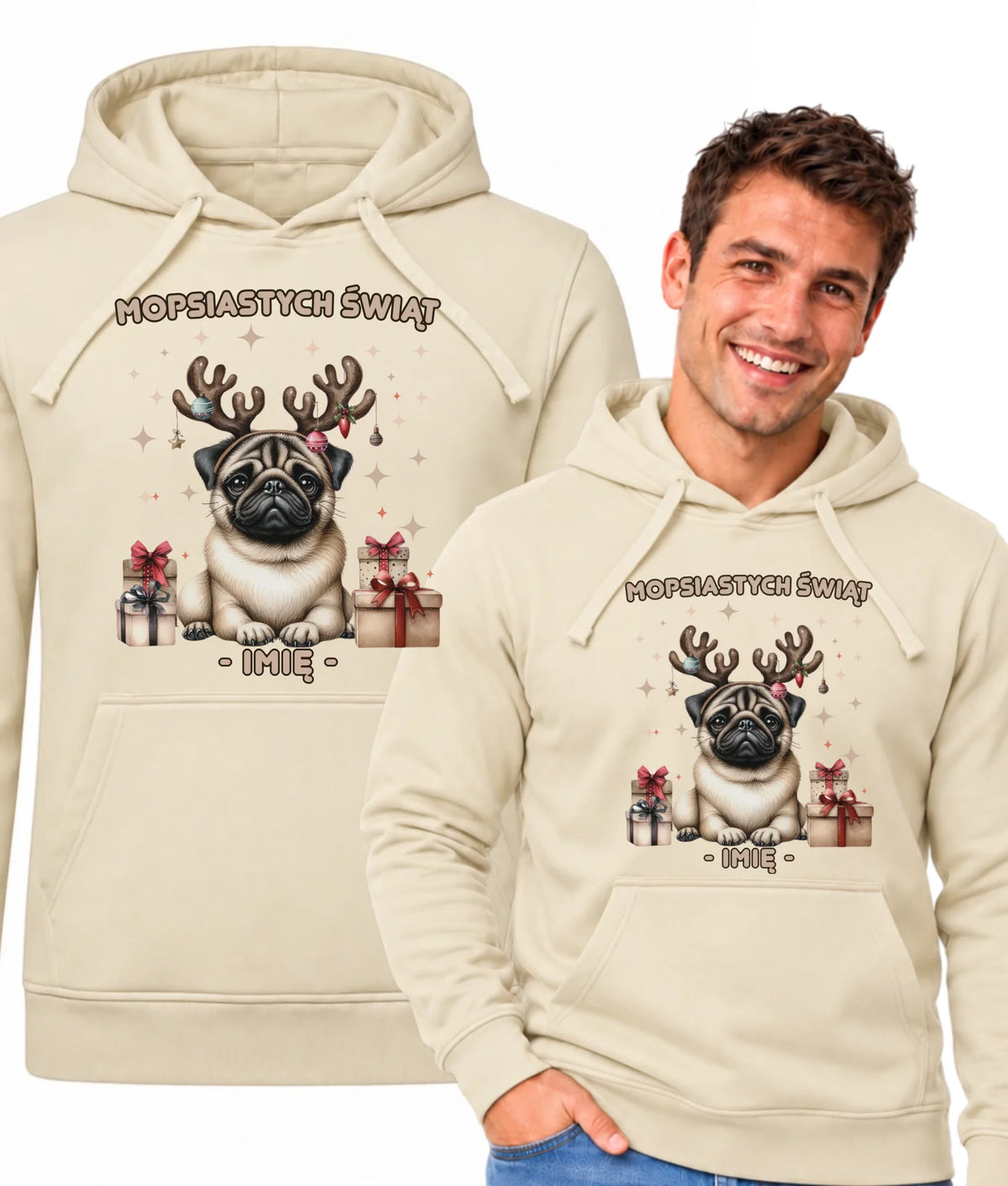 Bluza męska z kapturem świąteczna - Mops Mopsiastych świąt - personalizowana BN91