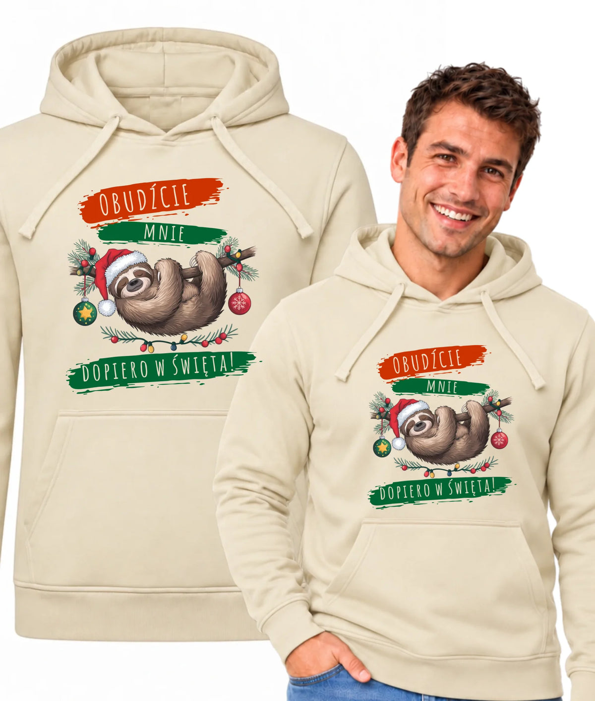 Bluza męska z kapturem świąteczna - Leniwiec - Obudźcie mnie dopiero w święta BN02