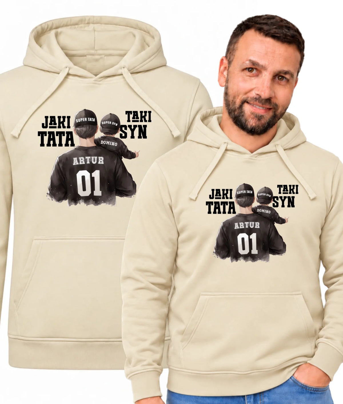 Bluza męska z kapturem z imionami ojca i syna oraz napisem Jaki tata taki syn DT48