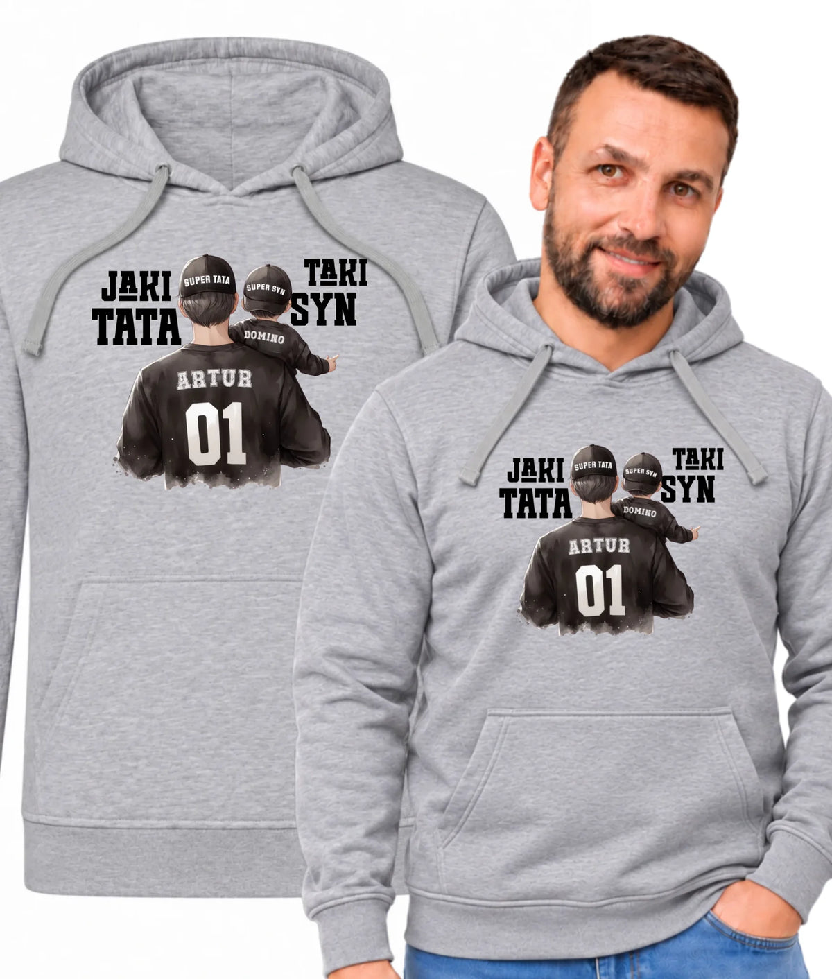 Bluza męska z kapturem z imionami ojca i syna oraz napisem Jaki tata taki syn DT48