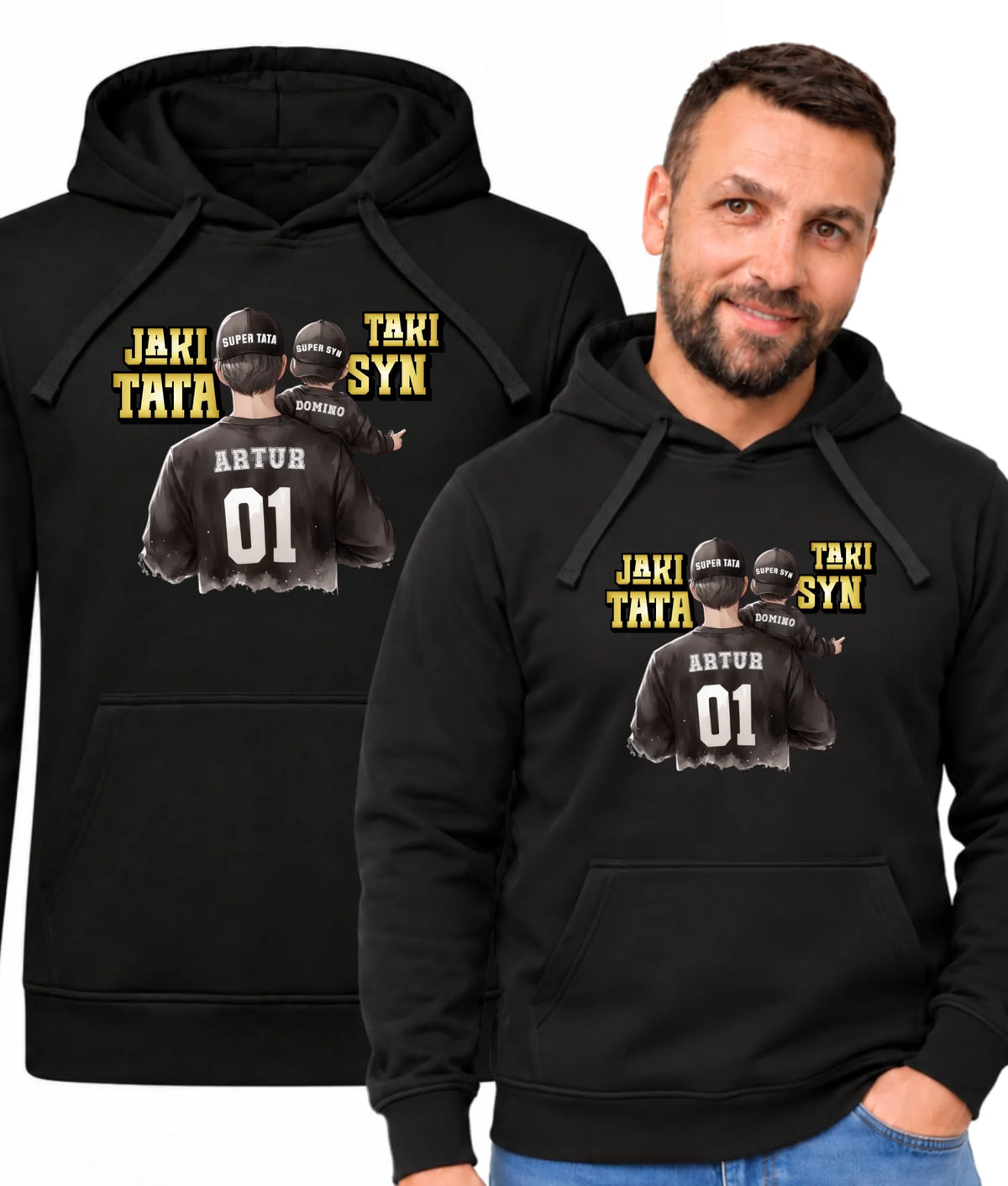Bluza męska z kapturem z imionami ojca i syna oraz napisem Jaki tata taki syn DT48