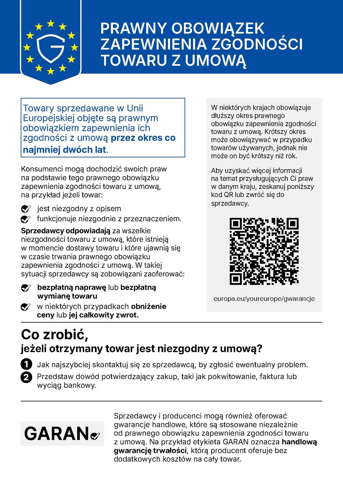 Informacja UE o prawnym obowiązku zapewnienia zgodności towaru z umową